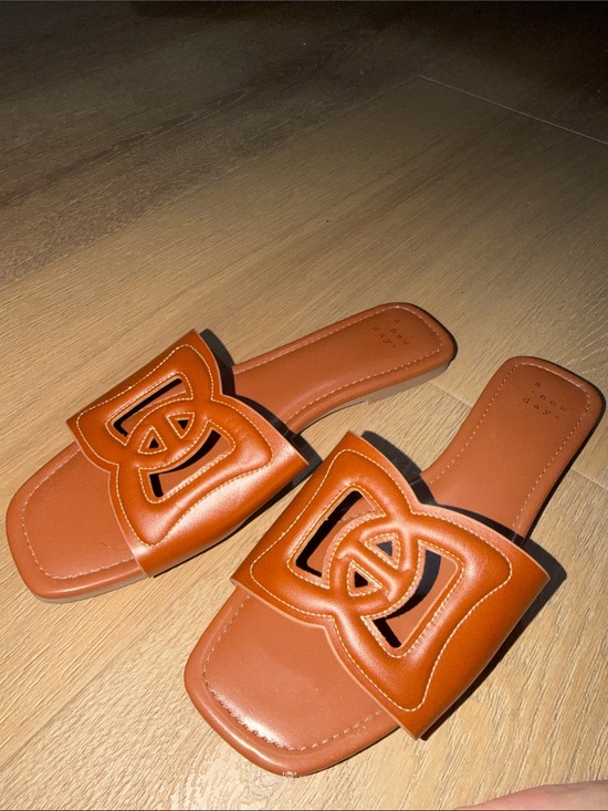 Shoes - Women's Tan Leather Slide Sandals - Stylish Open Cut Design